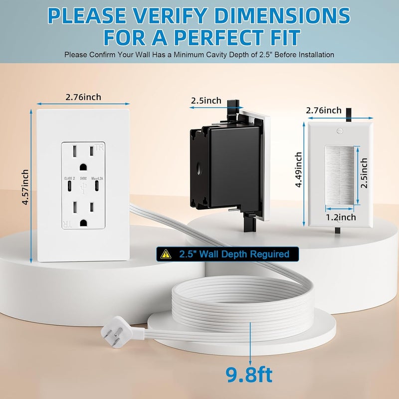 Celendor in Wall Cable Management Kit, 2 AC & 2 USB-C Ports Recessed Outlet Box for Wall Mount TV,Recessed Power Box with 9.8ft Extender for Unreachable Outlets,Hide TV Cords & Cables - Image 2